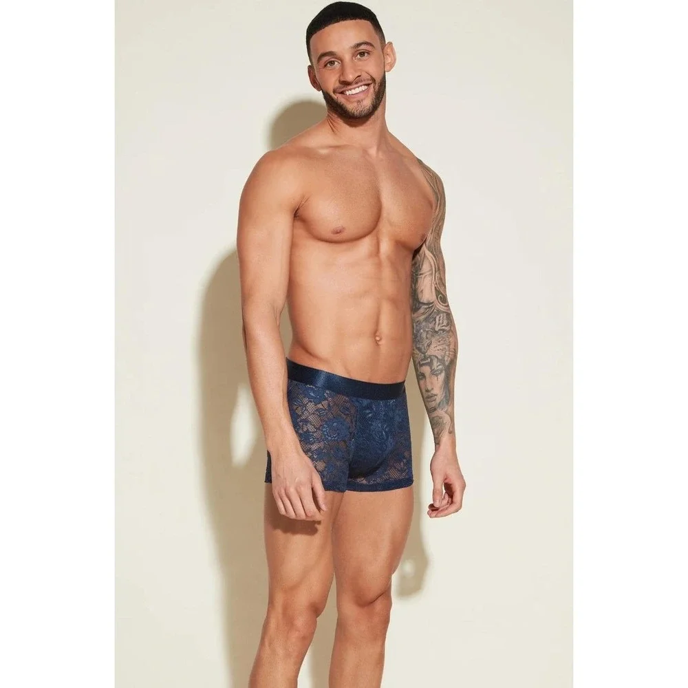Cosabella Never Say Never Mens Lace Boxer Briefs Navy Blue Sheer Underwear